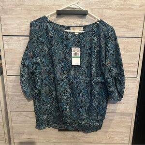 NWT Michael Kors Teal/Black/White Paisley MK Logo Large Sleeve Blouse/Top